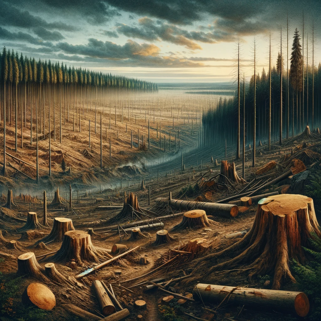 DALL·E-2024-03-03-21.43.41-Create-a-hauntingly-realistic-illustration-of-a-deforested-landscape-where-the-devastation-of-vast-forests-is-vividly-captured.-The-scene-unfolds-wit